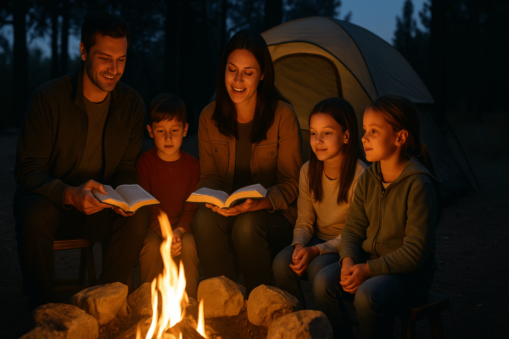 Decorative image of a family camping and reading the bible to their children