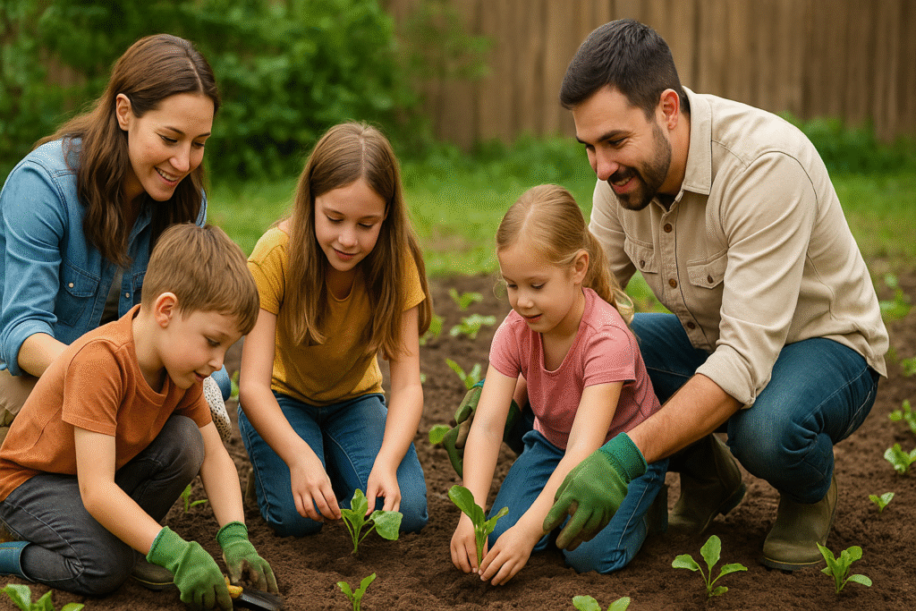 Decorative image of a family planting a garden together