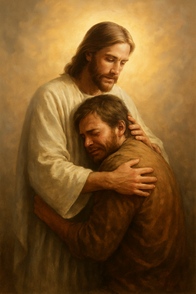 Decorative image of Jesus hugging someone that appears distressed 