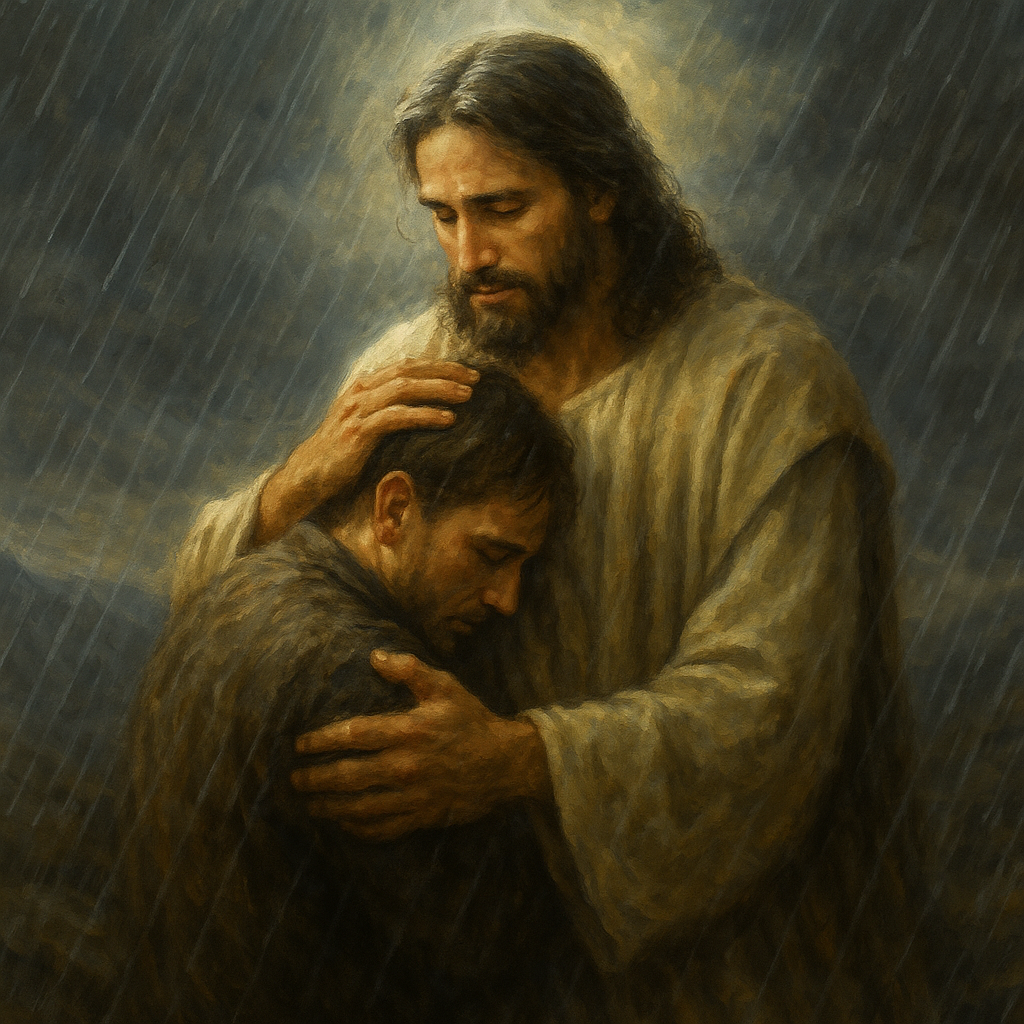 Decorative Image of Jesus hugging someone in the midst of a rainstorm