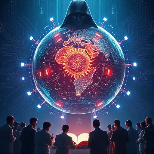 Prophecy Meets Modern Tech “A futuristic digital globe with glowing circuits, controlled by a shadowy figure. Below, believers gather around a glowing Bible, standing in defiance.”