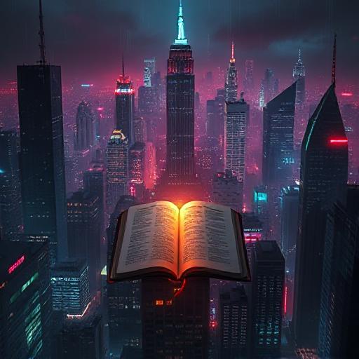 Cashless World “A city skyline filled with glowing digital payment icons (credit cards, QR codes, biometric scans). In the center, an open Bible glows with light, resisting the darkness.”