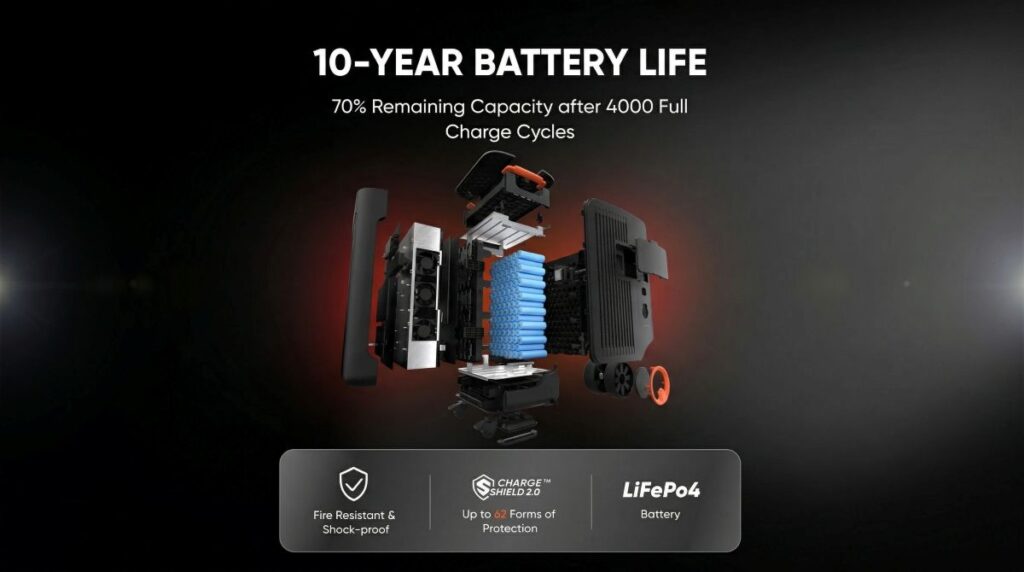 Jackery solar generator LiFePO4 battery showing 10 year lifespan and internal components for long term reliability