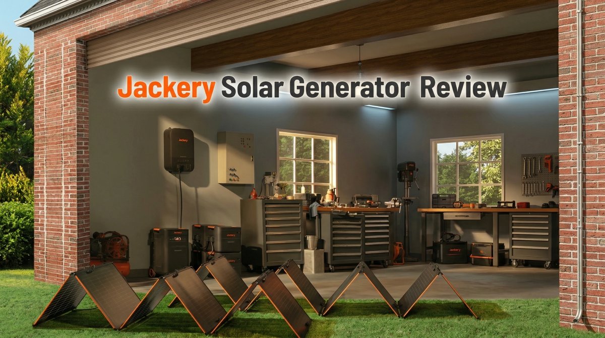 Jackery solar generator setup with portable power stations and solar panels for home backup and emergency preparedness