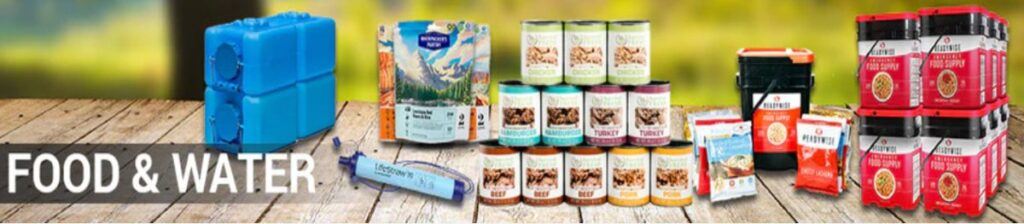 Survival Frog long-term emergency food and water storage supplies including canned meat and filtration tools.”