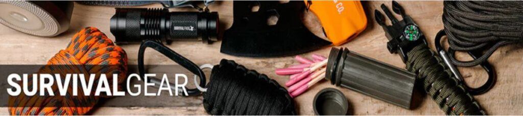 Survival Frog survival gear including flashlights, paracord, tools, and emergency equipment