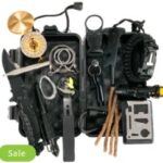 Survival Frog multi-tool survival kit with fire starters, knife, compass, and emergency tools.
