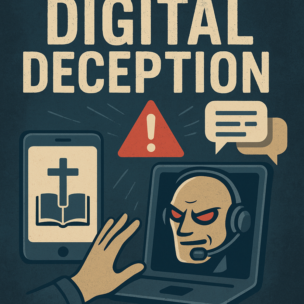 Christian holding a Bible with light shining against digital deception, deepfakes, and AI lies.