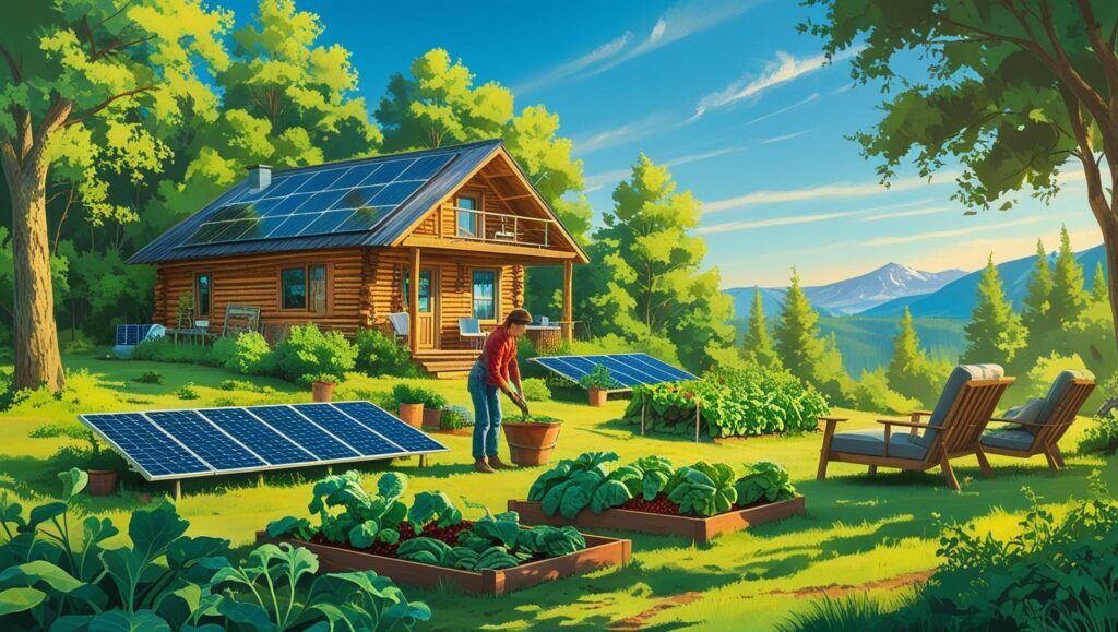 Decorative image of a log cabin with raised garden beds and solar panels