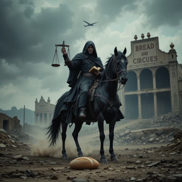 holding a worn, leather-bound scale in one hand and clutching a tattered Bible in the other.