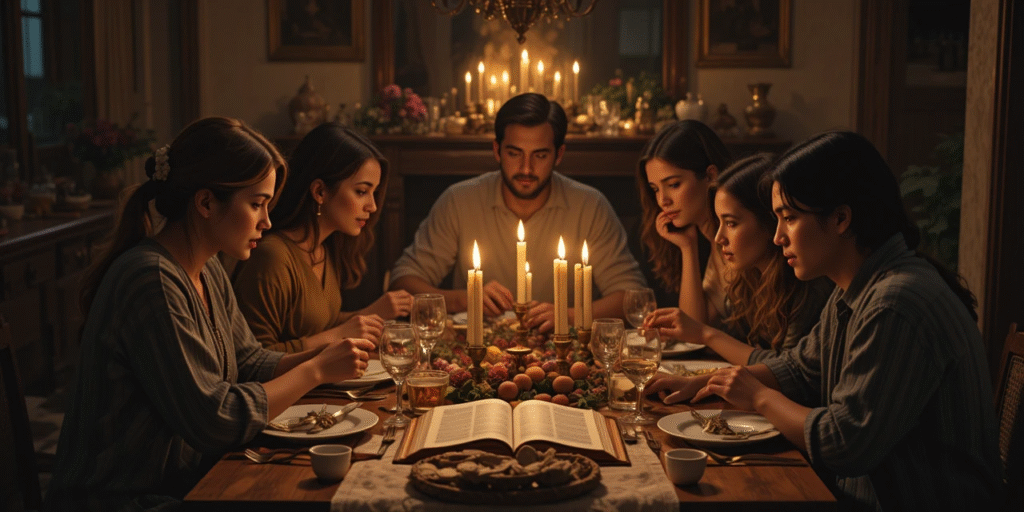 “Family gathered around a Bible at a dinner table, candlelight glowing, symbolizing strength in unity.”