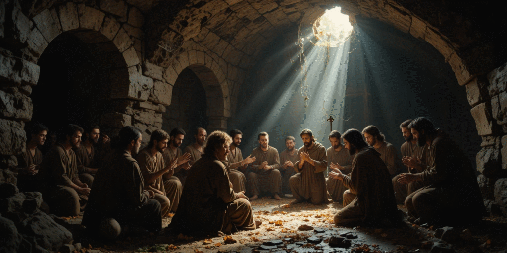 “Early Christians praying together in a dim underground room, light from above breaking through cracks.”
