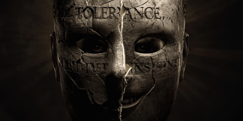 “Broken mask of tolerance and inclusion exposing hypocrisy in culture”