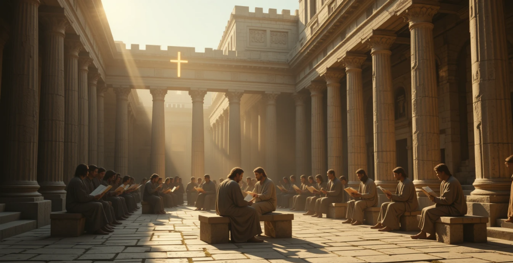 An early group of Christians gathered in prayer and reading under golden light, symbolizing the strength and faith of the early church