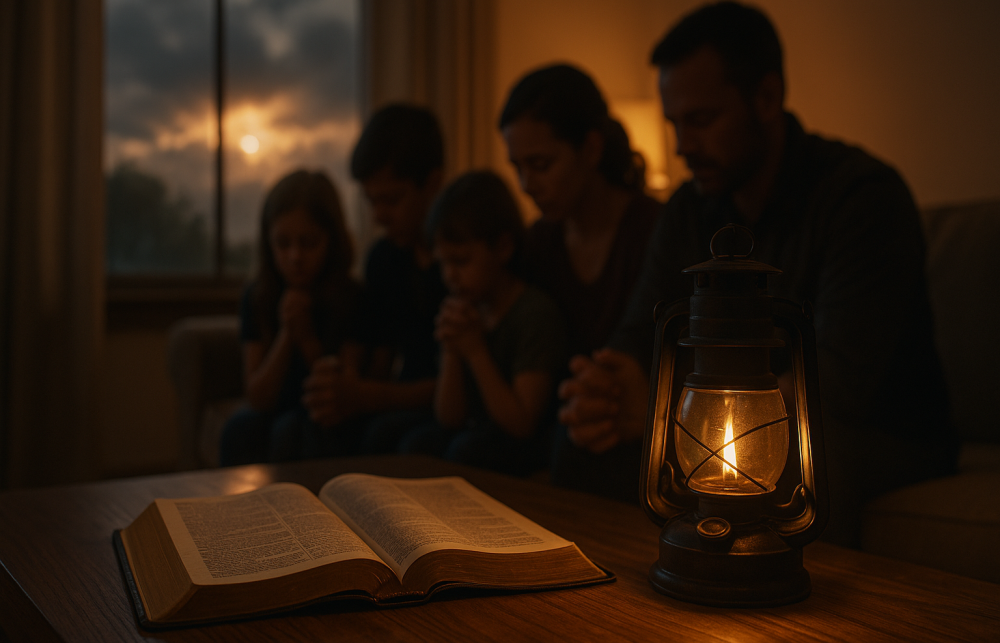 Family of four praying together around an open Bible with lantern light in a peaceful living room, symbolizing faith and preparedness in uncertain times.