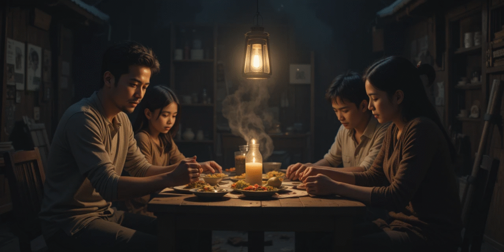 Why Forgiveness Matters in Crisis “A family holding hands around a small table with simple food during a blackout, one lantern glowing, atmosphere of unity and calm in hardship.”