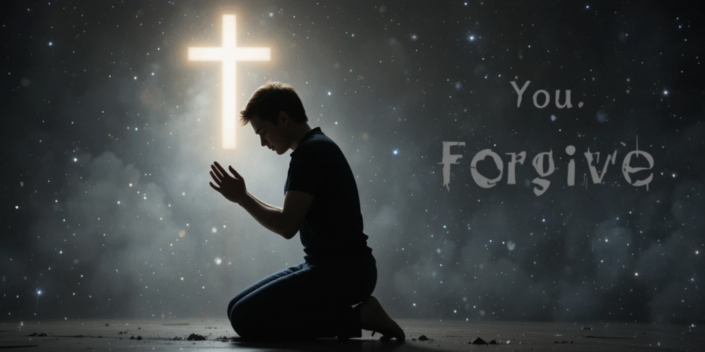 Practical Steps to Forgive “A person kneeling in prayer with open hands, a faint cross-shaped light above, symbolizing surrender and forgiveness.”