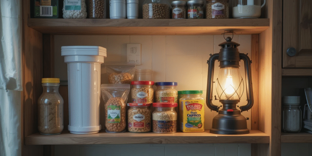 . Forgiveness, Stress, and Practical Preparedness “A kitchen shelf with water filter, emergency food, and lantern neatly arranged, light filling the room with calm and security.”