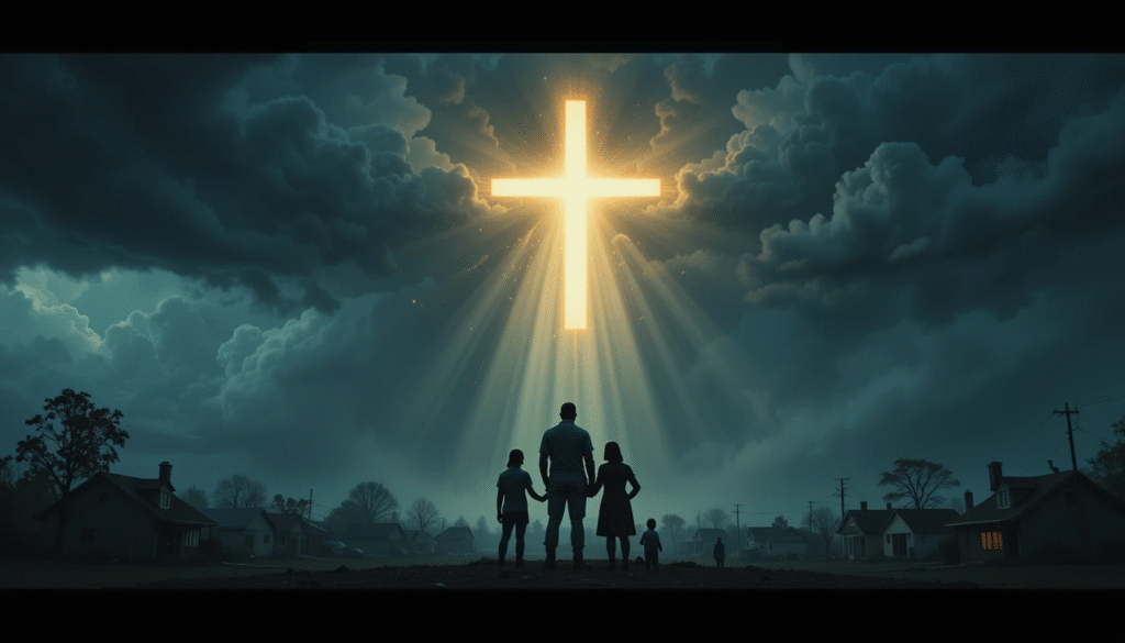 A family stands calmly beneath a storm-darkened sky as a radiant cross-shaped light breaks through the clouds, symbolizing spiritual readiness over physical stockpiles.