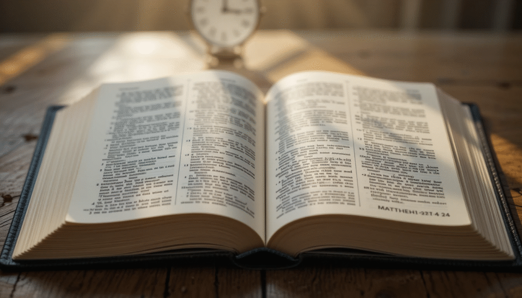 Open Bible at Matthew 24 with subtle world and clock motifs