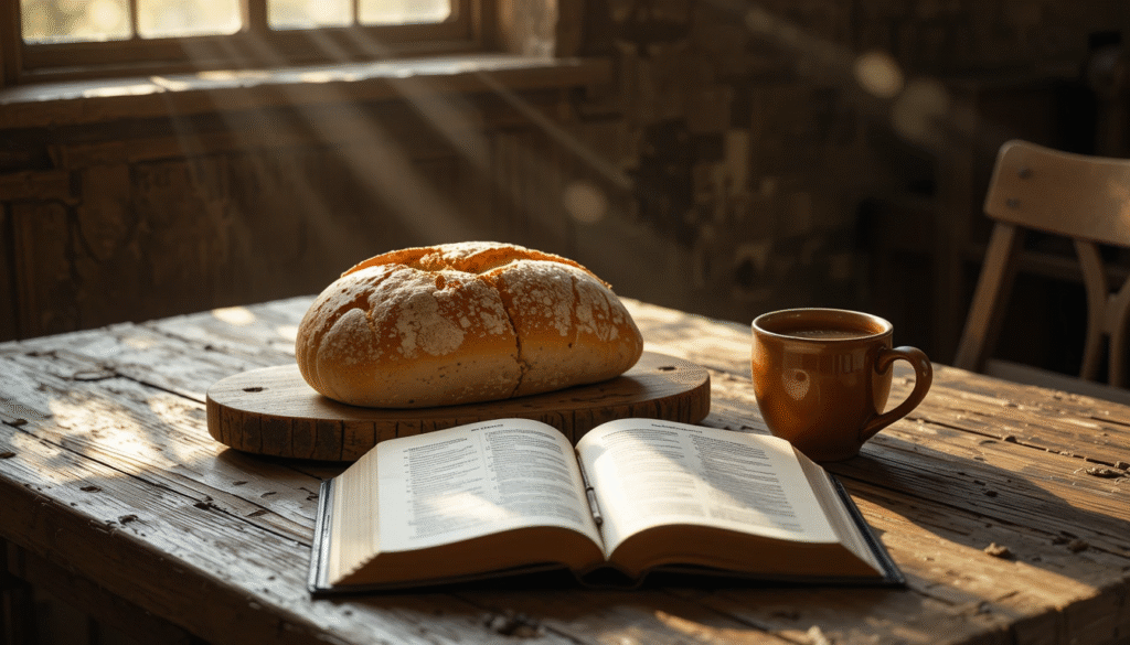 A loaf of bread, water, and an open Bible on a wooden table, symbolizing God’s daily provision.