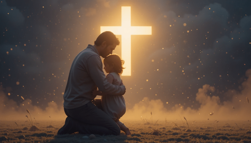 A parent embracing a child with a glowing cross in the background, symbolizing God’s perfect love casting out fear.