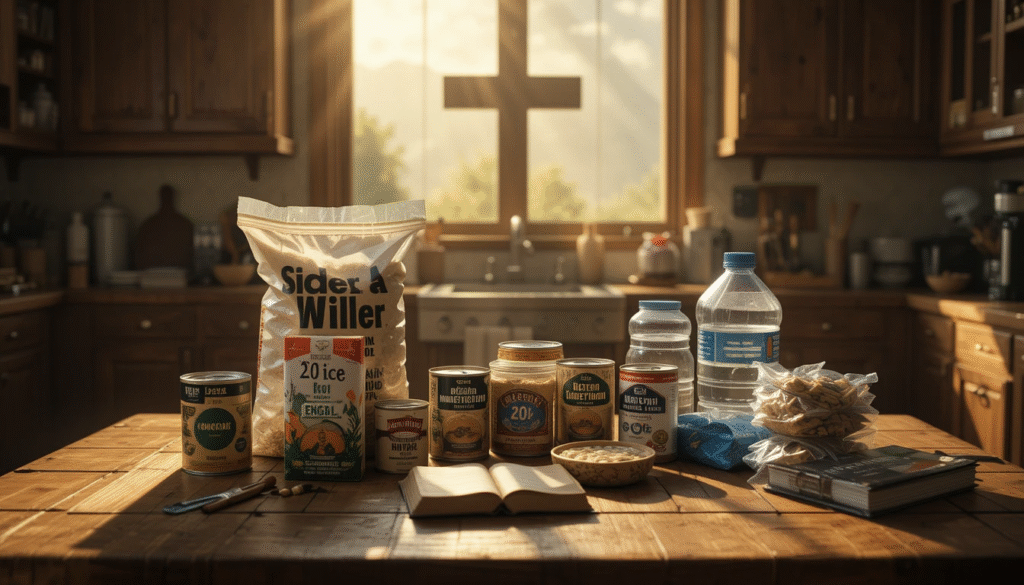 Simple survival supplies of rice, canned goods, and water containers arranged on a kitchen table beside a Bible, with sunlight forming a cross shape in the background.