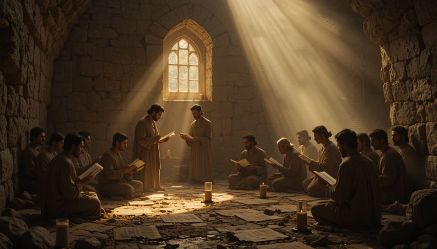 Early Christians gathered in a stone room with scrolls and prayer, lit by candlelight and cross-shaped light through a window, symbolizing steadfast devotion.