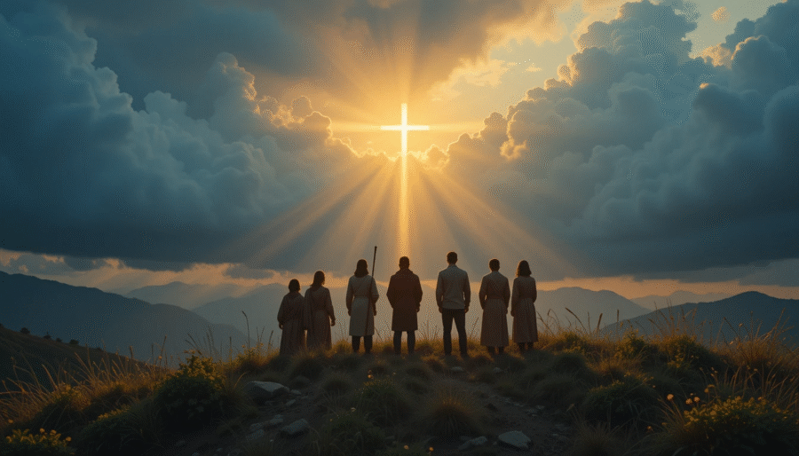 Believers on a hillside at dawn looking toward the horizon as golden light forms a cross, symbolizing expectation of Christ’s return.