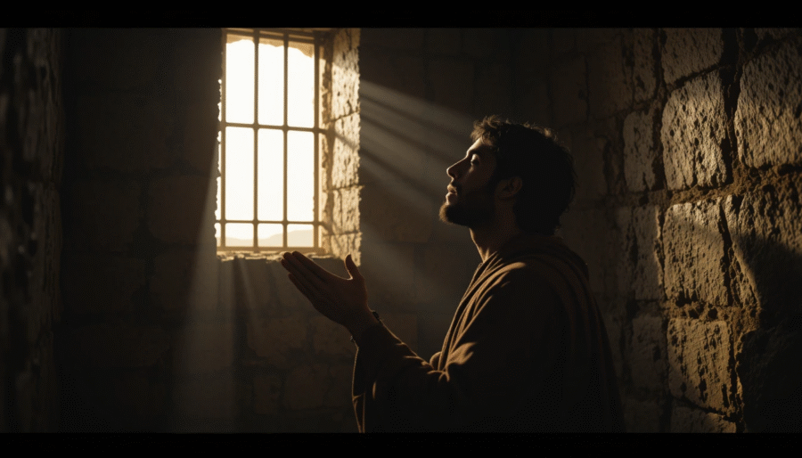 An early Christian praying peacefully in a prison cell with light streaming through a barred window, symbolizing perseverance in suffering.