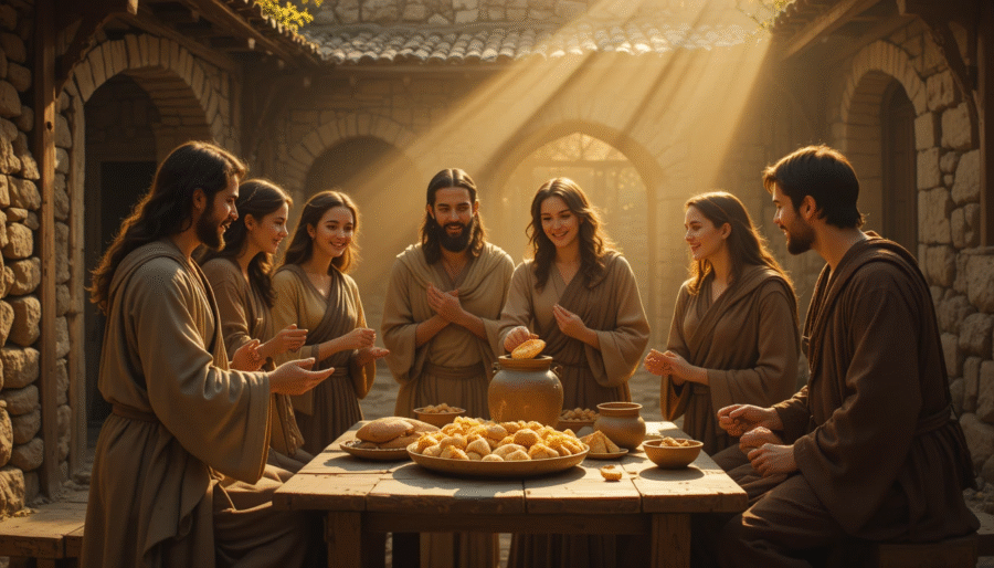Early Christians sharing bread and water at a simple table in a stone courtyard, symbolizing radical generosity and unity.