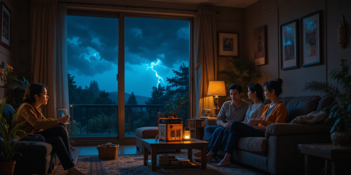 A family’s home lit by a Jackery solar generator during a storm blackout, symbolizing preparedness and peace