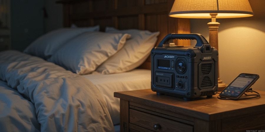 Jackery Explorer solar generator powering essential devices during a blackout test