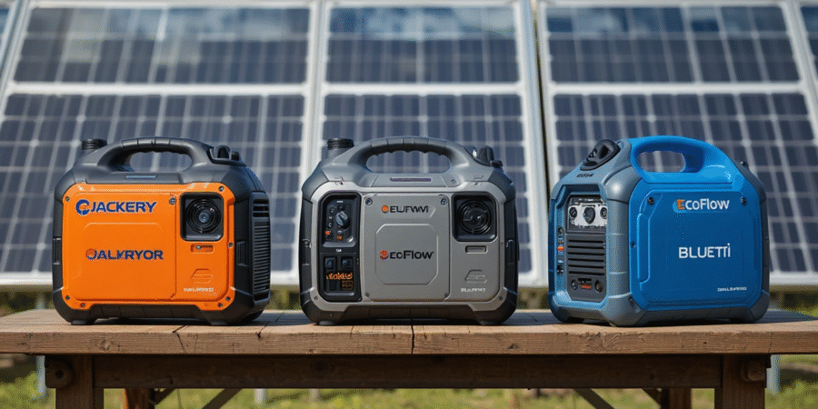 Jackery, EcoFlow, and Bluetti solar generators compared side by side with solar panels.