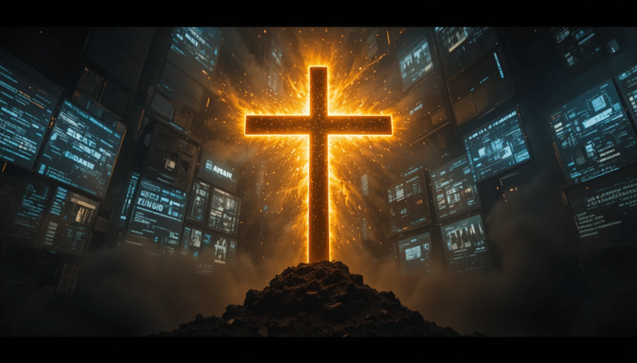 “A glowing cross breaking through digital deception, symbolizing hope for believers