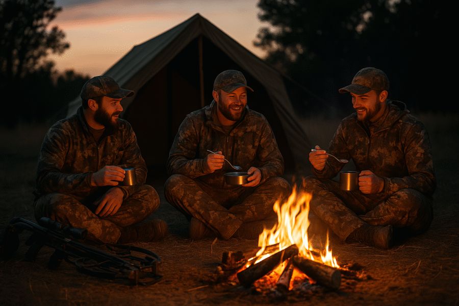 Group of hunters sitting around a campfire at dusk near a tent, sharing a meal and fellowship in the wilderness, reflecting community, preparedness, and gratitude.