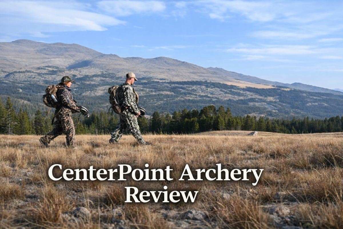 Hunters walking through open terrain carrying compound bows during a CenterPoint Archery review