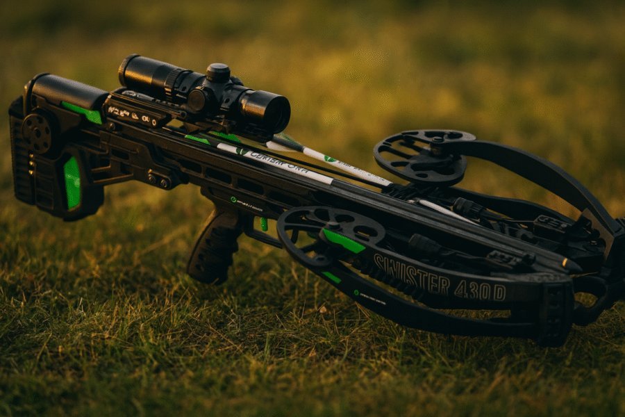 CenterPoint Sinister 430D crossbow resting on light grassy terrain under natural golden sunlight, highlighting its compact black and green design, precision scope, and durable build for hunters and preppers.