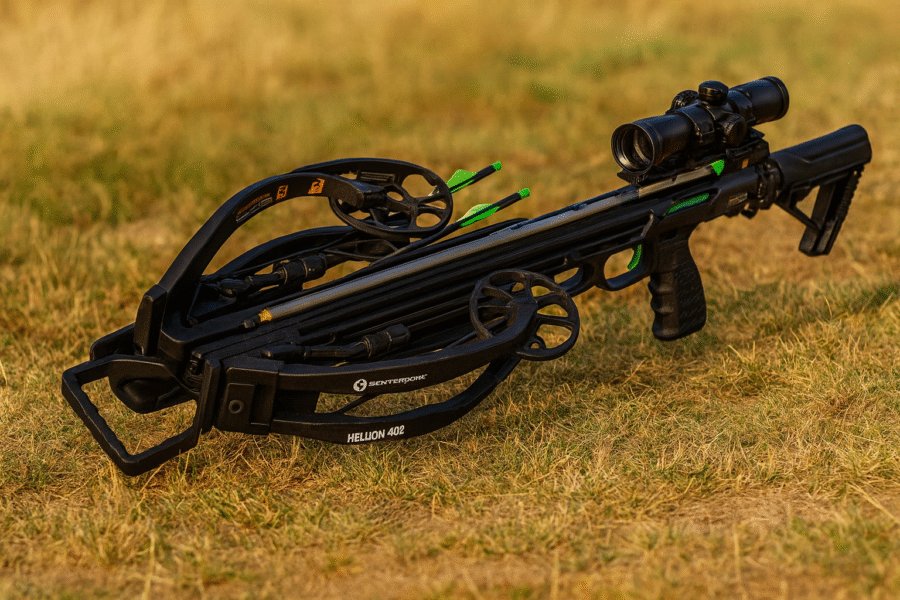 CenterPoint Hellion 400 crossbow resting on light golden grass under warm natural sunlight, showing its slim frame, folding stirrup, and compact design ideal for hunting and preparedness.
