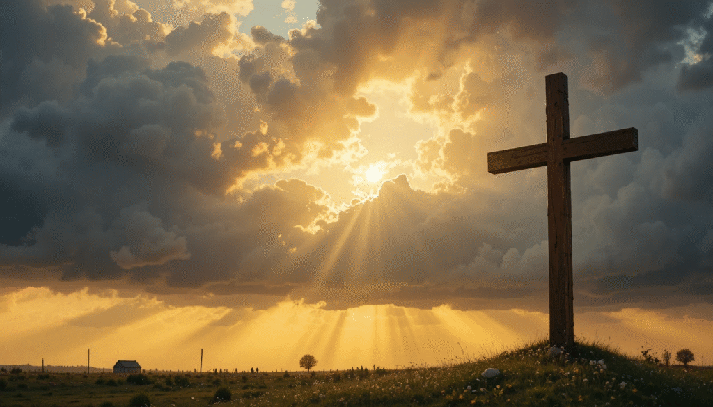 Sunrise breaking through dark clouds over a cross, symbolizing hope and the return of Jesus Christ.