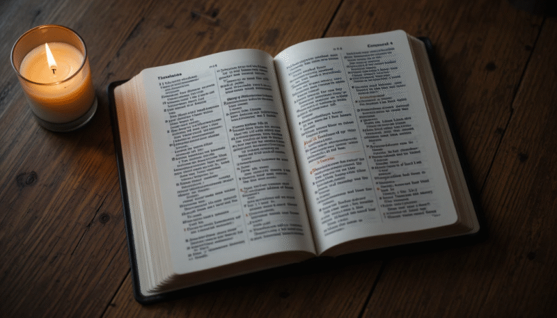 Open Bible with candlelight showing verses on hope and Christ’s return.