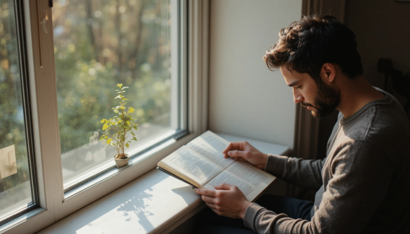 Christian reading the Bible and praying by a sunlit window, representing daily faith and growing hope.