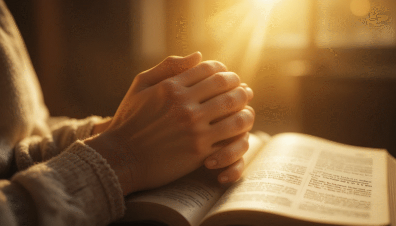 Hands folded in prayer under warm light, symbolizing peace and hope in Christ.