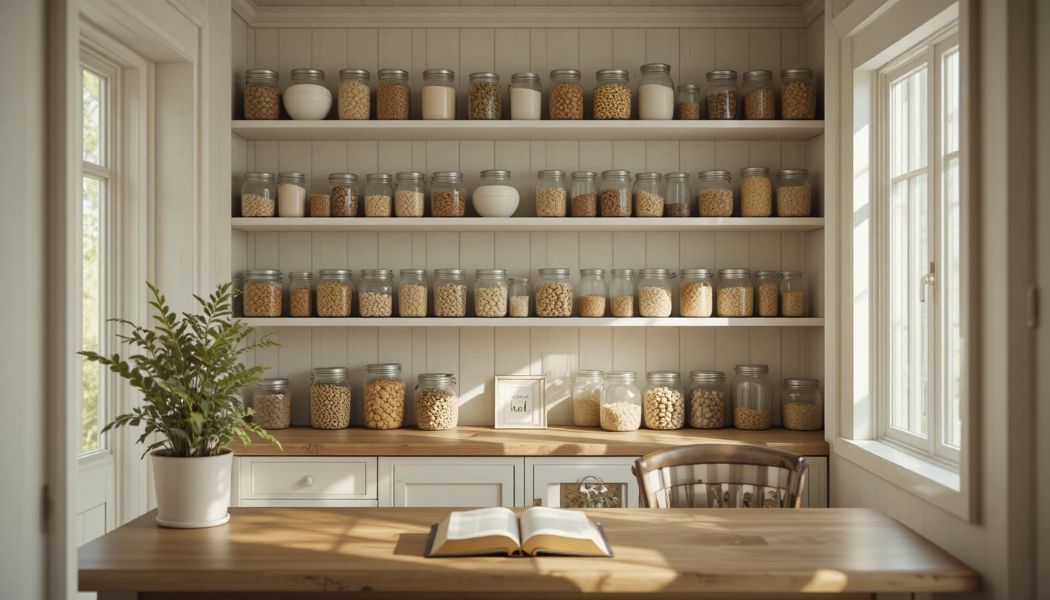 Bright, clean farmhouse pantry with neatly stored emergency food supplies and a Bible placed naturally on the shelf, conveying calm, intentional, faith-led preparedness.
