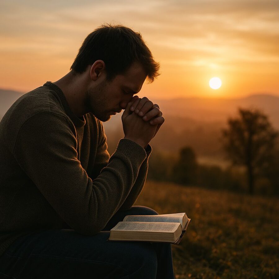 A man kneeling in prayer with an open Bible at sunset, finding peace in God during uncertain times.