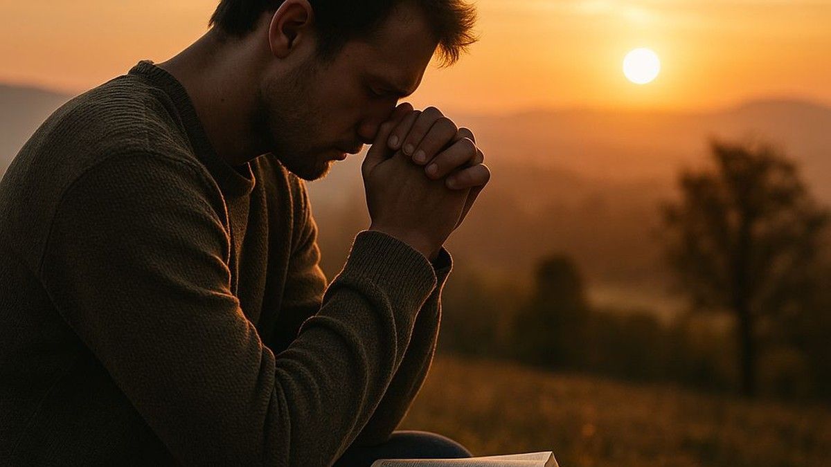 Man praying at sunset with an open Bible, reflecting on faith and spiritual preparedness