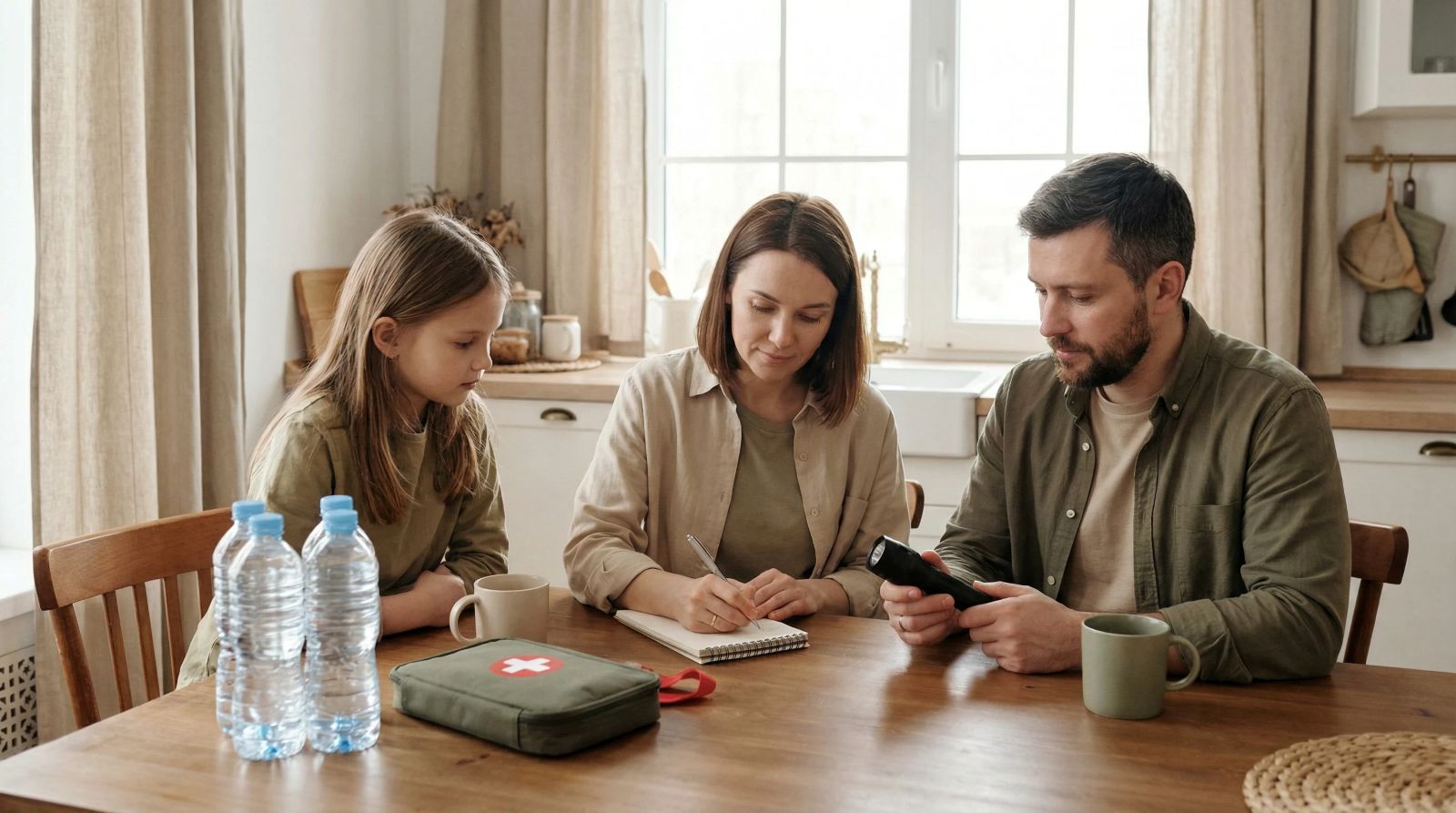 Family organizing emergency preparedness supplies at home in a calm setting