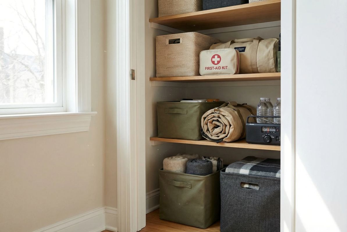 Compact emergency preparedness supplies stored neatly in a small apartment space