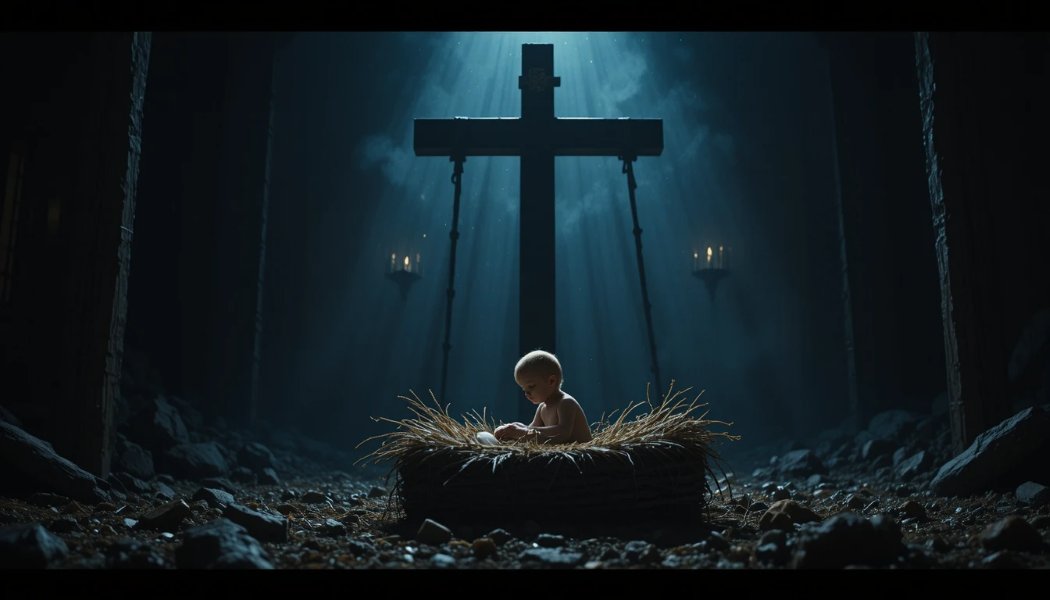 Jesus born into darkness with the shadow of the cross, symbolizing the only path to salvation