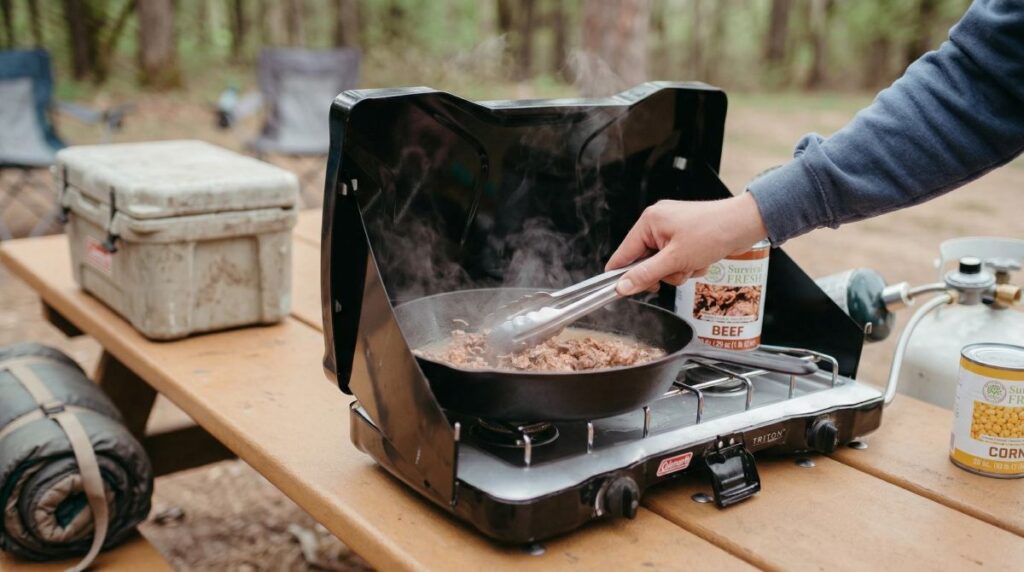 Preparing Survival Frog emergency food on portable camping stove